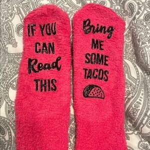 Pink Fuzzy Socks with Fun Text